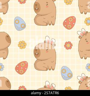 Motivo pasquale senza cuciture. Divertente capybara cartoni animati con orecchie da coniglio su sfondo giallo a scacchi con uova floreali decorative pasquali. Kawaii chara natalizio Illustrazione Vettoriale