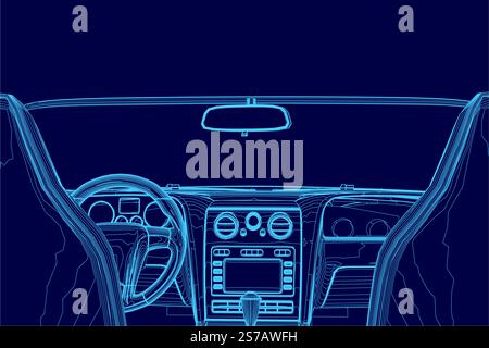 Disegno a fumetto blu degli interni di un'auto con sedile di guida e volante. L'auto è un veicolo di lusso con un ampio cruscotto e una radio. SC Illustrazione Vettoriale