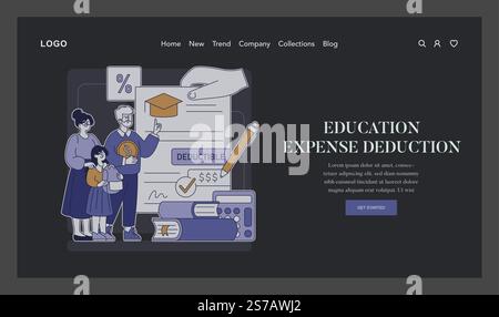 Famiglia che esplora le detrazioni fiscali per l'istruzione con documenti e icone del college. Illustrazione vettoriale monocromatica della gestione finanziaria. Illustrazione Vettoriale