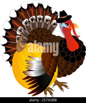 Carino cartone animato il tacchino del Ringraziamento con zucca. Illustrazione Vettoriale