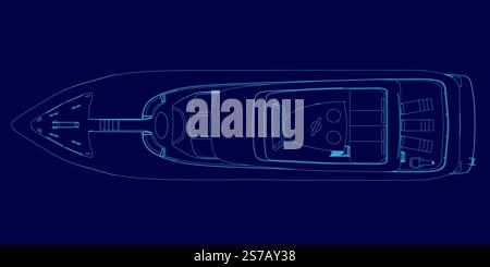 Immagine blu di una barca con sfondo blu. La barca viene mostrata in modo stilizzato, con i dettagli del design e delle caratteristiche della barca enfatizzati. Scena Illustrazione Vettoriale