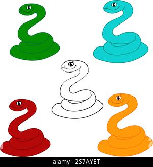 Grazioso serpente grafico in quattro colori. Colorato rettile soffocante. Simbolo del capodanno cinese. Divertente personaggio di serpente isolato su sfondo bianco. VEC Illustrazione Vettoriale