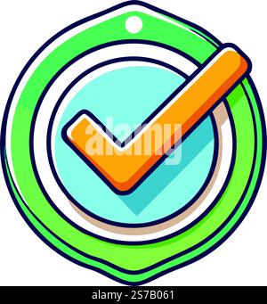 Immagine vettoriale divertente e vivace di un badge con segno di spunta di verifica, perfetta per rappresentare approvazione, fiducia e autenticità Illustrazione Vettoriale