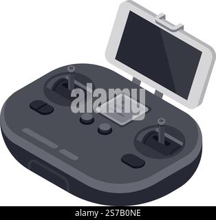 Telecomando per drone dotato di smartphone, due antenne, pulsanti e uno schermo, che rappresenta la tecnologia moderna e l'innovazione nel fotograp aereo Illustrazione Vettoriale