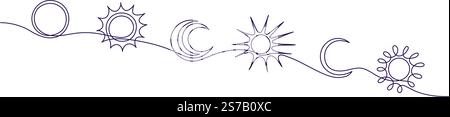 Giorno, notte, sole, quarto di luna. Circuito astrologico vettoriale. Semplice illustrazione lineare disegnata a mano. Radiazioni ultraviolette Illustrazione Vettoriale