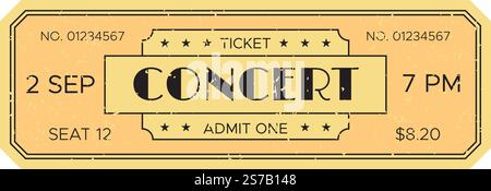 Primo piano di un biglietto per un concerto in stile vintage che mostra la data, l'ora, il numero del posto, il prezzo e la parola CONCERTO in un carattere audace e in stile angoscioso, evocando nostal Illustrazione Vettoriale