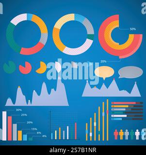 Infografica sul set di elementi, grafico a torta grafico a barre. Vecchio stile Illustrazione Vettoriale