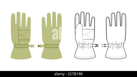 Guanti da sci Igloos Insulated Core cartone animato verde oliva e bozzetto di mockup piatto accessorio moda indumento per illustrazione tecnica. Vettoriale per uomo, donna, modello in stile unisex CAD su bianco Illustrazione Vettoriale