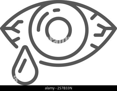Semplice disegno con linea grigia che raffigura un occhio con vene e pupille visibili, che sparge una lacrima, che esprime sentimenti di tristezza, dolore o reazione allergica Illustrazione Vettoriale