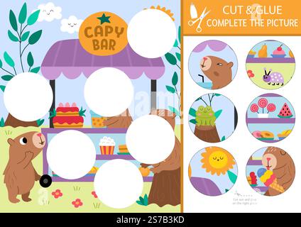 Attività di taglio e incollaggio del capibara vettoriale. Creazione di un gioco con animali carini, paesaggio naturale estivo, carrello da dessert. Riempire la scena con l'adesivo rotondo. Trova Illustrazione Vettoriale