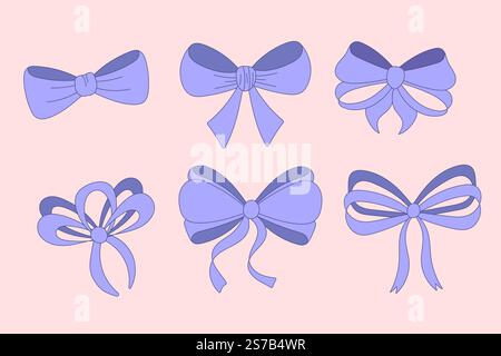 Una semplice collezione di fiocchi a nastro disegnati a mano. Decorazione ad arco, set di fiocco blu viola Illustrazione Vettoriale