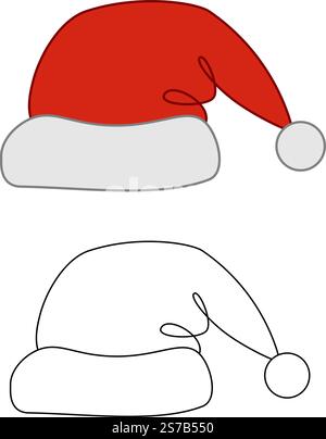 Linea grafica per illustrazione vettoriale con cappello bianco e rosso di Natale con cappello Santa Hat su sfondo trasparente Illustrazione Vettoriale