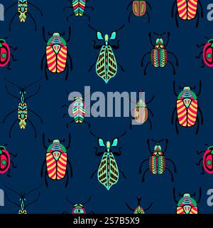 Coloratissimi e simpatici coleotteri e insetti motivo senza cuciture. Illustrazione di un cartone animato piatto vettoriale. Insetti di Doodle su sfondo scuro della marina. Stampa tessile moda bambini, Illustrazione Vettoriale