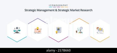 Strategic Management and Strategic Market Research 25 pacchetto icona piatta, con prodotti chimici. rapporto. storia. file. laureato Illustrazione Vettoriale