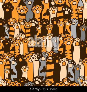 Dog Paw Cat Paw Heart Love cucciolo con stampa del piede gattino vettoriale di san valentino sfondo senza cuciture. disegno a mano. Non ai, illustrazione vettoriale Illustrazione Vettoriale