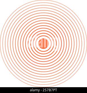 Cerchi concentrici arancioni. Icona del sole, dell'alba o del tramonto. Segno di localizzazione di dolore o dolore. Simbolo onda d'urto, radiazione o vibrazione. Pittogramma suono, segnale radar o onda sonar. Illustrazione vettoriale. Illustrazione Vettoriale