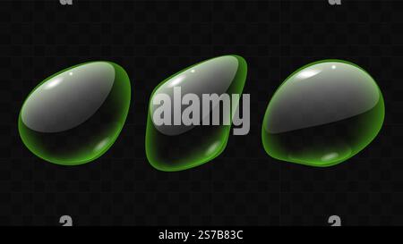 Il liquido trasparente forma il set isolato delle gocce d'acqua. La forma rifratta la luce. Gocce volumetriche realistiche colore verde. Design di banner e volantini. Illustrazione vettoriale. Illustrazione Vettoriale