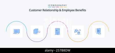 Customer Relationship and Employee Benefits Blue 5 Icon Pack, notebook incluso. stagione. presentazione. dom. estate Illustrazione Vettoriale