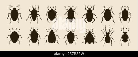 Gli scarabei creano una silhouette stravagante con insetti artistici. Insetti dalla forma fantasy diversa. Collezione di scarafaggi stilizzati per bambini. Simpatiche figure piatte d'epoca, insetti, illustrazioni isolate dal vettore Illustrazione Vettoriale
