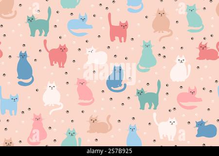 Gatti disegnati a mano cartoni animati bambini motivo infinito. Simpatico gattino ripetizione sfondo colori morbidi per neonati. Divertente animale domestico dal design senza limiti per i bambini. Gatti colorati in diverse posizioni vettoriali Illustrazione Vettoriale