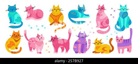 Set di cartoni animati per bambini disegnati a mano da gatti. Gattino carino con ornamento. Animale domestico con motivo, moderno e divertente design di animali per bambini. Gatti colorati in pose diverse. Illustrazione vettoriale dei caratteri del disegno mammifero Illustrazione Vettoriale