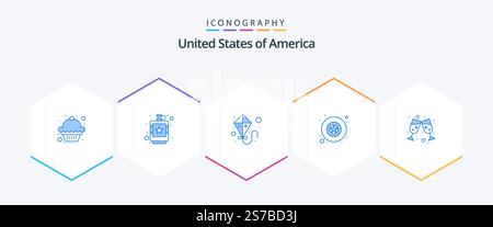 USA 25 pacchetto icone blu che include . vino. aquilone. birra. militare Illustrazione Vettoriale