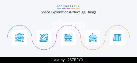 Space Exploration e Next Big Things Blue 5 Icon Pack incluso artificiale. spazio. satellite. astronomia. laboratorio Illustrazione Vettoriale