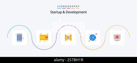 Pacchetto icone Startup and Develepment Flat 5 incluso . ingranaggio. pellicola. impostazione. computer Illustrazione Vettoriale