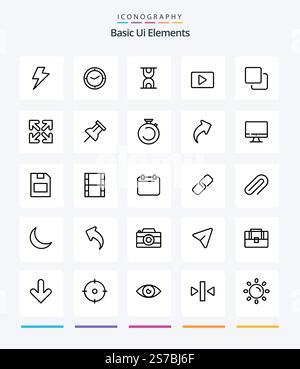 Creative Basic UI Elements 25 - pacchetto icone di contorno come stack. media. ora. quattro. video Illustrazione Vettoriale