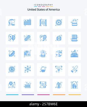 Creative USA 25 pacchetto icona blu come la borsa. stella. stati uniti. polizia. giorno Illustrazione Vettoriale