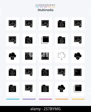 Pacchetto di icone Creative Multimedia 25 Glyph Solid Black, come selezionato. completato. sincronizzazione. montagna. scarica Illustrazione Vettoriale