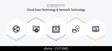 Pacchetto icone Cloud Data Technology e Network Technology 25 Line con rete inclusa. file. file. stoccaggio. nuvola Illustrazione Vettoriale