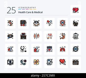 Pacchetto di icone riempito di 25 linee sanitarie e mediche con cartello. posizione. salute degli occhi. ospedale. tablet Illustrazione Vettoriale