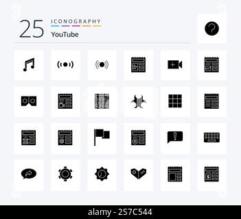 Pacchetto icone Solid Glyph di YouTube 25 incluso di base. ui. ui. fotocamera. ui Illustrazione Vettoriale