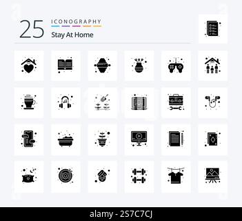 Stay at Home 25 pacchetto icone Solid Glyph incluso piatto. mobili. apri libro. fiore. decorazione Illustrazione Vettoriale