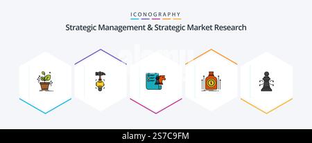 Strategic Management and Strategic Market Research 25 pacchetto icone FilledLine con scacchi. fondo. scacchi. dollaro. borsa Illustrazione Vettoriale