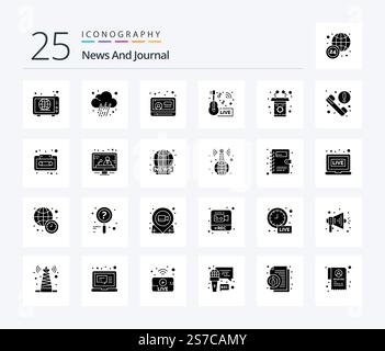 News 25 pacchetto icone Solid Glyph incluso podio. dal vivo. notizie. trasmissione. notizie musicali Illustrazione Vettoriale