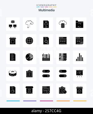 Pacchetto di icone Creative Multimedia 25 Glyph Solid Black, ad esempio la configurazione. casella. riprendi. sincronizzazione. backup Illustrazione Vettoriale