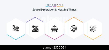 Space Exploration e Next Big Things 25 pacchetto icone linea compreso lo spazio. asteroide. astronomia. pianeta. gas Illustrazione Vettoriale