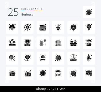 Pacchetto icone Business 25 Solid Glyph con scudo. assicurazione. scheda. vaso di fiori. fiore Illustrazione Vettoriale