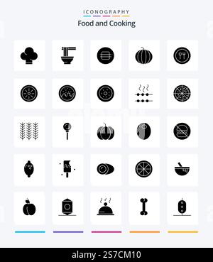 Pacchetto icone Creative Food 25 Glyph Solid Black, ad esempio coltello. cibo. mangiare. anguria. cibo Illustrazione Vettoriale