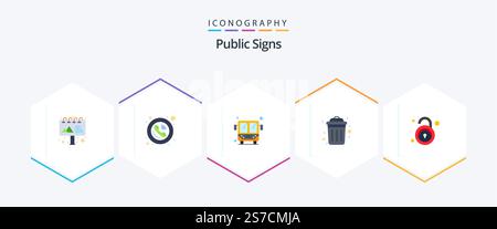 Public Signs 25 pacchetto icona piatta incluso sblocco. riciclare. autobus. pubblico. bidone della spazzatura Illustrazione Vettoriale