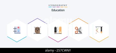 Education 25 pacchetto icona piatta con carta inclusa. taglia. gufo. scala. matita Illustrazione Vettoriale