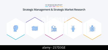 Strategic Management and Strategic Market Research 25 pacchetto icona blu con borsa inclusa. raggiungere. target mulino. uomo Illustrazione Vettoriale