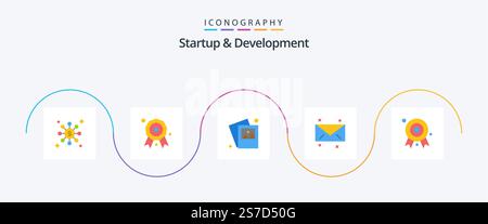 Pacchetto icone Startup and Develepment Flat 5 incluso . badge. foto. barra multifunzione del premio. premio Illustrazione Vettoriale