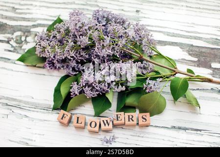 Purple lilac flowers on a white wooden background with wooden letters Foto Stock