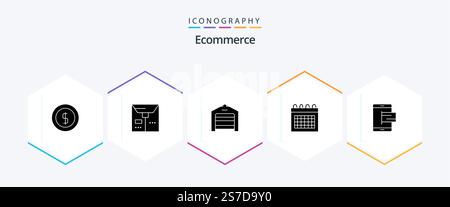 Pacchetto icone di eCommerce 25 Glyph con dispositivo mobile. commercio. garage. tempo. data Illustrazione Vettoriale