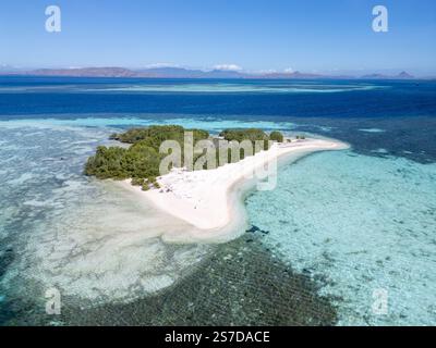 Vista aerea di un'isola nel parco nazionale di Komodo, Indonesia. Paradiso vuoto, piccola isola di sabbia bianca sulla barriera corallina. Foto Stock