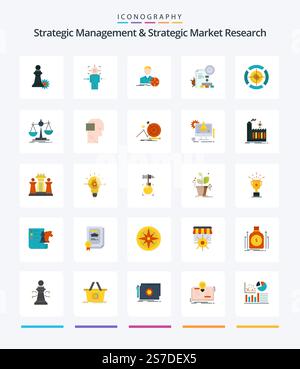 Creative Strategic Management e Strategic Market Research 25 pacchetto icona piatta come la freccetta. rapporto. obiettivo. file. obiettivo Illustrazione Vettoriale