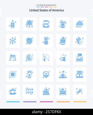 Creative USA 25 pacchetto icone blu come badge. dessert. tappo. torta. bere Illustrazione Vettoriale